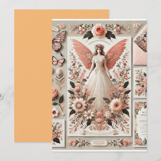 Elegante Vintage Huwelijksuitnodiging met Angelic Kaart (Voorkant / Achterkant)