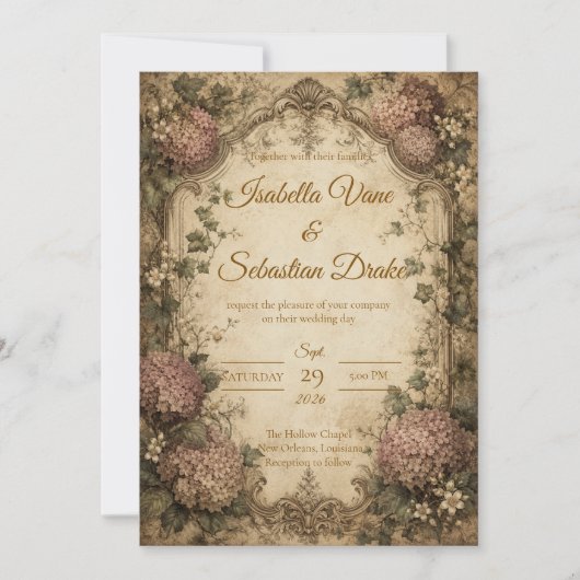 Elegante Vintage Hydrangea Bruiloft Kaart (Voorkant)