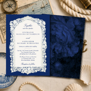 Elegante Vintage Kant Oude Geld Navy Blauwe Trouw Kaart