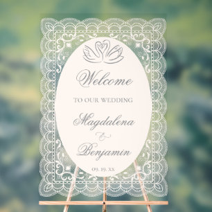 Elegante Vintage Kant Zwanen Calligrafie Bruiloft Acryl Bord