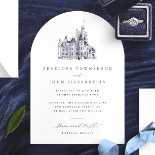 Elegante Vintage Kasteel Illustratie Boog Bruiloft Kaart
