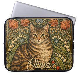 Elegante vintage kat bloemrijk botanisch laptop sleeve