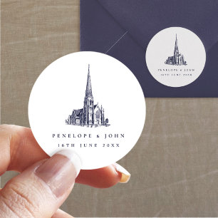 Elegante Vintage Kerk Bestemming Trouwdag Ronde Sticker