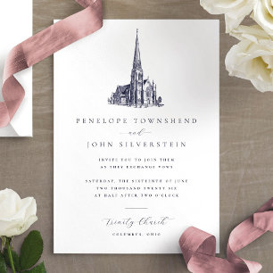 Elegante Vintage Kerkt Illustratie Trouwen Kaart
