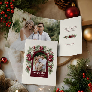 Elegante Vintage Kerst Bloemstuk Boog Foto Drieluik Kaart