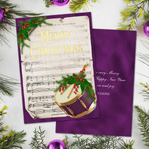 Elegante Vintage Kerst Muziek Trommel Paars Folie Feestdagenkaart