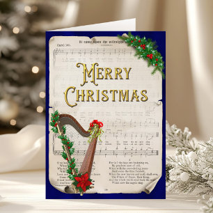 Elegante Vintage Kerst Muziekblad Harp Feestdagen Kaart