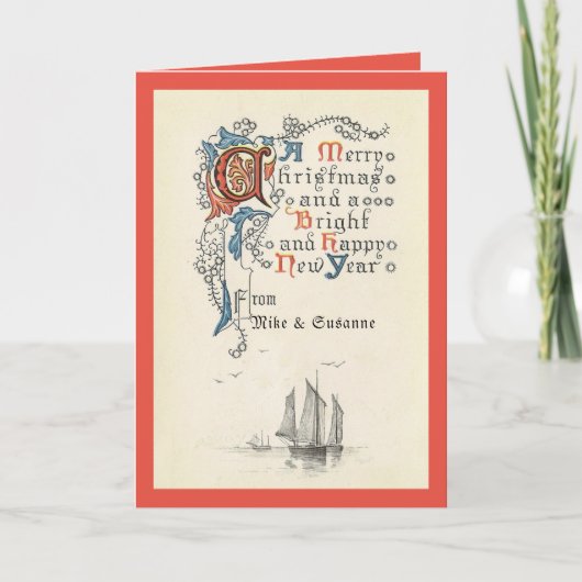Elegante vintage kerst nieuwjaar boot notitiekaart (Voorkant)
