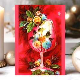 Elegante vintage kerst wijnglas met kaars feestdagenkaart