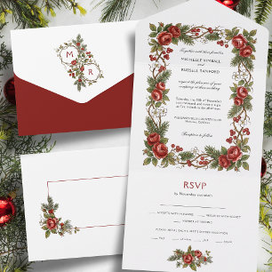 Elegante Vintage Kerst Winter Bloemenrand All In One Uitnodiging
