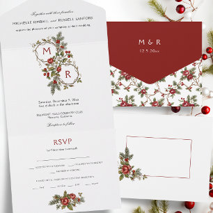 Elegante Vintage Kerst Winter Bloemige Monogram All In One Uitnodiging