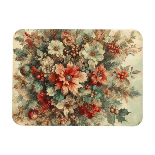 Elegante vintage kerstbloemen magneet (Horizontaal)