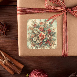 Elegante vintage kerstbloemen vierkante sticker