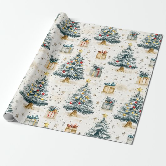 Elegante vintage kerstbomen cadeaupapier (Uitgerold)