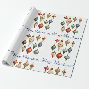 Elegante Vintage Kerstornamenten Script Cadeaupapier