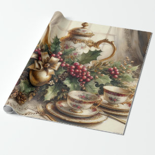 Elegante vintage kersttheepot en groen cadeaupapier