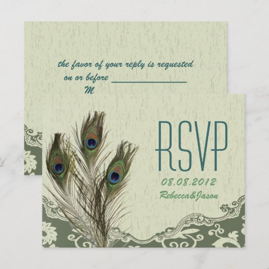 elegante vintage landelijke groene pauw huwelijks- uitnodiging briefkaart (Voorkant / Achterkant)