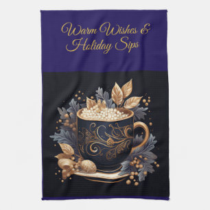 Elegante vintage marineblauwe en gouden Kerst Kitc Theedoek
