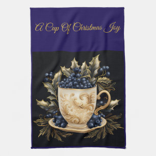 Elegante vintage marineblauwe en gouden Kerstkeuke Theedoek