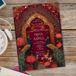 Elegante vintage maroon gouden pauw Indische bruil Kaart
