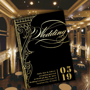 Elegante Vintage Moderne Gouden Kolom Bruiloft Folie Uitnodiging
