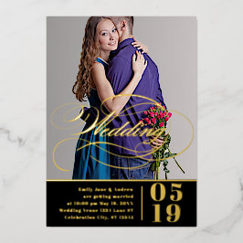 Elegante Vintage Moderne Gouden Trouwfoto Folie Uitnodiging