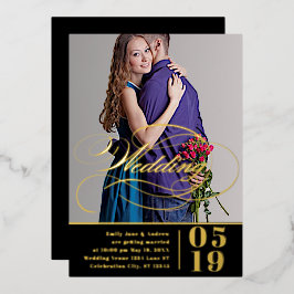 Elegante Vintage Moderne Gouden Trouwfoto Folie Uitnodiging