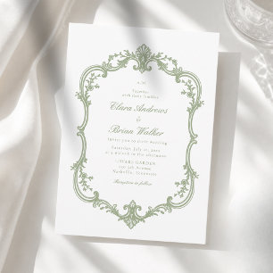 Elegante Vintage Monogram Huwelijk Wit Groen Kaart