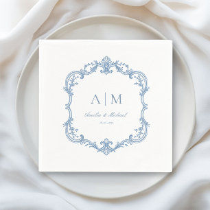 Elegante Vintage Monogram Stofblauwe Trouw Servet