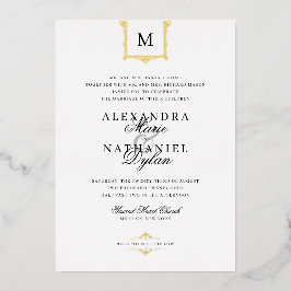 Elegante Vintage Monogram Zwart en Wit Trouw I Folie Uitnodiging