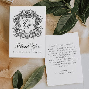 Elegante Vintage Monogrammen Wapen Huwelijk  Bedankkaart