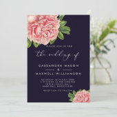 Elegante Vintage Navy & Roze Pioen Trouwdag Kaart (Staand voorkant)