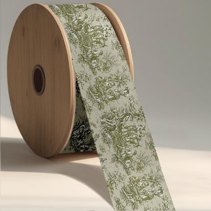Elegante vintage olijfgroene Toile De Jouy Satijnen Lint