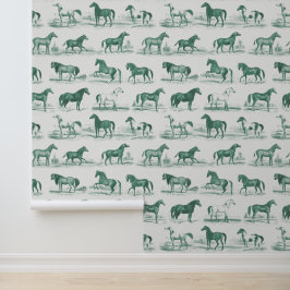 Elegante Vintage Paardenrassen Patroon Saliegroen Behang