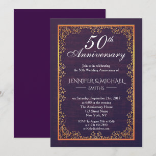 Elegante Vintage Paarse Huwelijksjubileum Uitnodig Kaart