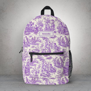 Elegante Vintage Paarse Toile De Jouy Patroon Bedrukte Rugzak