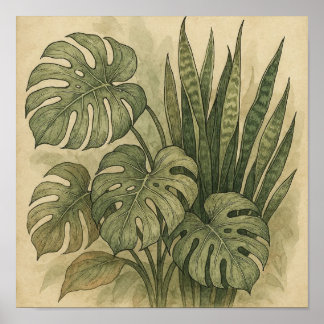 Elegante Vintage Poster van Monstera en Snake Plan