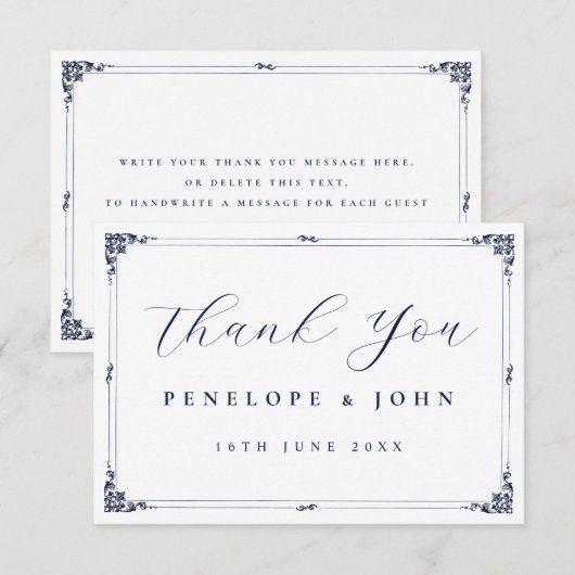 Elegante vintage rand gecentreerde script bruiloft bedankkaart (Voorkant / Achterkant)
