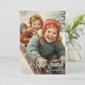 Elegante vintage retro klassieke kinderen met slee feestdagenkaart (Staand voorkant)