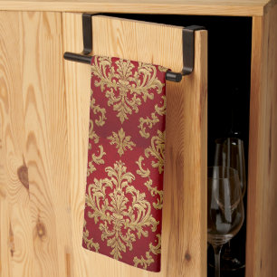 Elegante Vintage Rode en Gouden Koninklijke Damast Theedoek