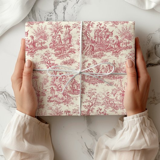 Elegante Vintage Rode Franse Toile de Jouy Cadeaupapier
