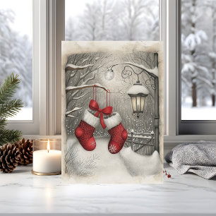 Elegante Vintage Rode Kerstmutsen Kaart