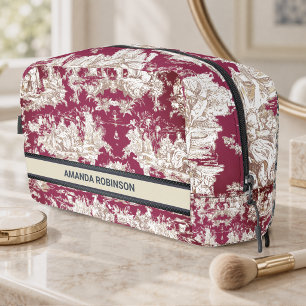 Elegante vintage rode meer toile de jouy monogram toilettasje