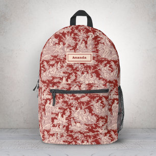 Elegante Vintage Rode Roze Toile de Jouy Monogram Bedrukte Rugzak