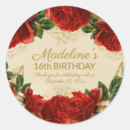 Elegante Vintage Rode Rozen 16e Verjaardag Ronde Sticker