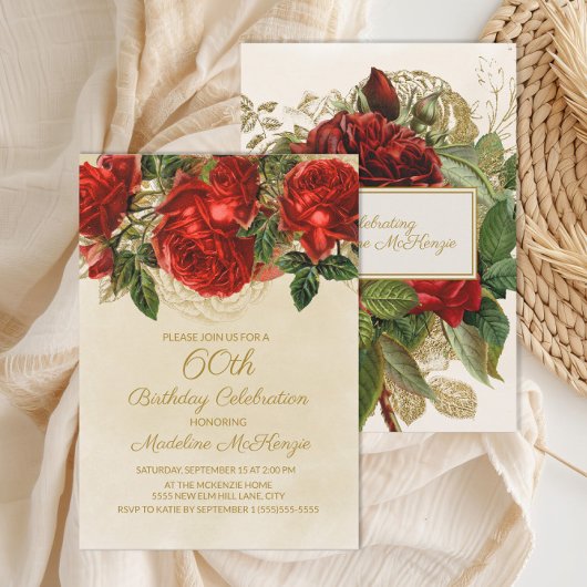 Elegante Vintage Rode Rozen 60e Verjaardag Kaart
