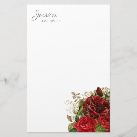 Elegante Vintage Rode Rozen Bloemen Briefpapier (Voorkant)