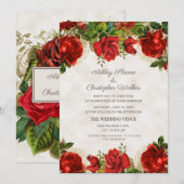 Elegante Vintage Rode Rozen Bruiloft Kaart (Voorkant / Achterkant)