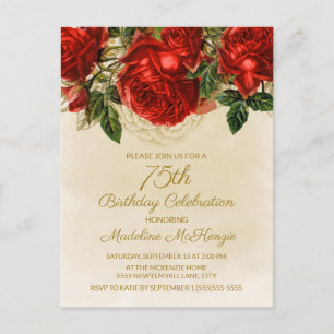 Elegante Vintage Rode Rozen Champagne 75e Verjaard Briefkaart