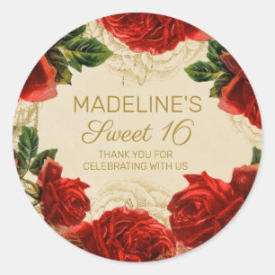 Elegante Vintage Rode Rozen Sweet 16 Ronde Sticker